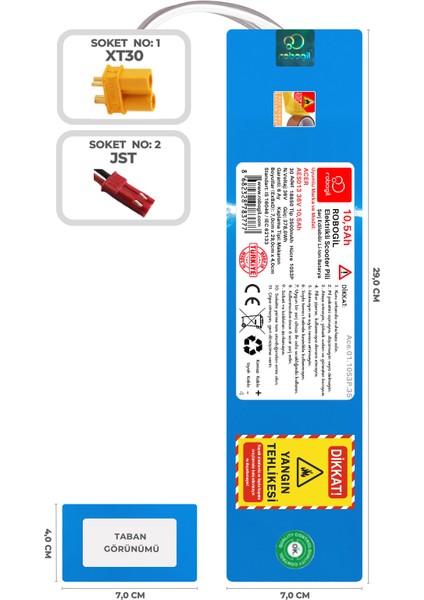 Robogil Acer Aes013 36v 10,5ah 10s3p Uyumlu Scooter Pil Paketi / Bataryası Ace.01.10s3p.35 Xt30 Jst fiyatları