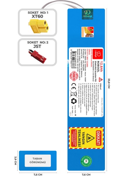 Onvo Ov-011 36v 12,8ah 10s4p Uyumlu Scooter Pil Paketi / Bataryası Onv.03.10s4p.32 Xt60 Jst
