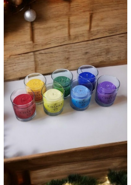 7'li Çakra - Chakra Seti Cam Bardak Kokulu Organik Soya Mumu modelleri