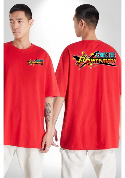 One Piece Bounty Rush Kadın Erkek Ön Minimal Sırt Baskılı Kırmızı Pamuklu Tişört
