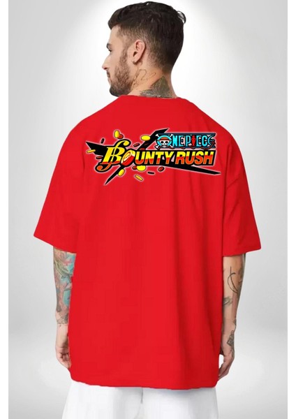 One Piece Bounty Rush Kadın Erkek Ön Minimal Sırt Baskılı Kırmızı Pamuklu Tişört