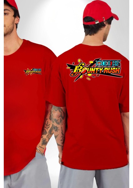 One Piece Bounty Rush Kadın Erkek Ön Minimal Sırt Baskılı Kırmızı Pamuklu Tişört