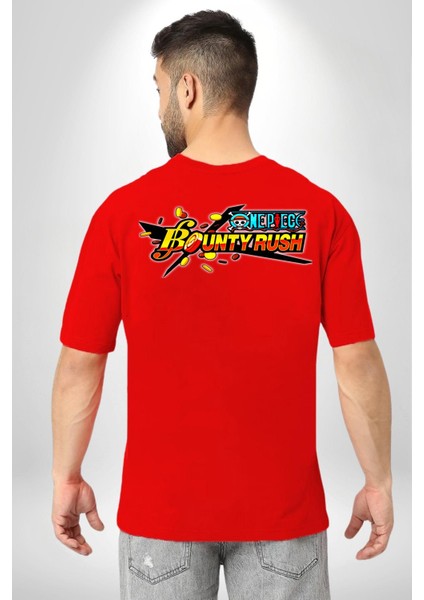 One Piece Bounty Rush Kadın Erkek Ön Minimal Sırt Baskılı Kırmızı Pamuklu Tişört