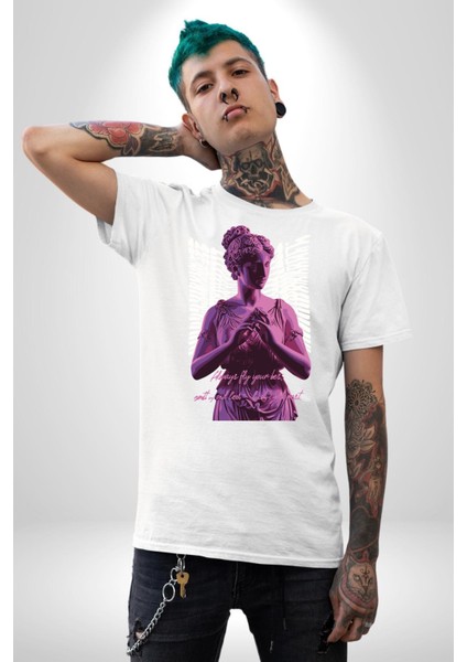 Veni Vidi Vici Yunan Tanrısı Kadın Erkek Ön Baskılı Beyaz Pamuklu Tişört Penye Klasik