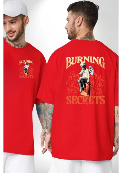 Yanan Sırlar Heykel Bebek Kadın Erkek Ön Minimal Sırt Baskılı Kırmızı Pamuklu Tişört