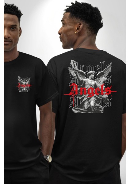 Antik Yunan Melekleri Kadın Erkek Ön Minimal Sırt Baskılı Siyah Pamuklu Tişört