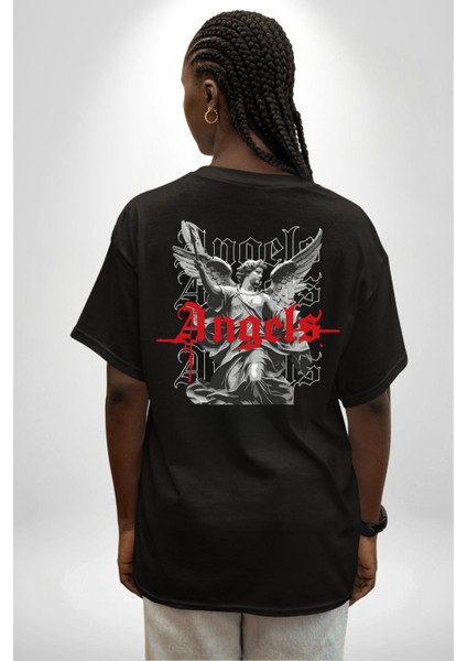 Antik Yunan Melekleri Kadın Erkek Ön Minimal Sırt Baskılı Siyah Pamuklu Tişört fiyatları