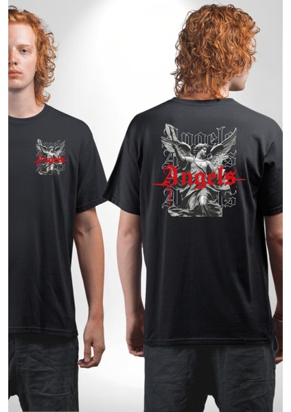 Antik Yunan Melekleri Kadın Erkek Ön Minimal Sırt Baskılı Siyah Pamuklu Tişört fırsatları