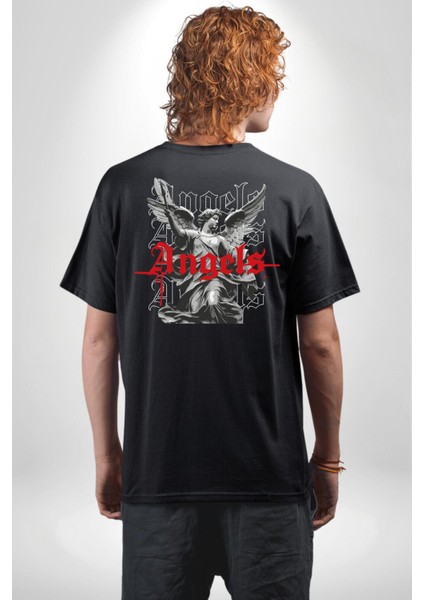 Antik Yunan Melekleri Kadın Erkek Ön Minimal Sırt Baskılı Siyah Pamuklu Tişört indirimleri