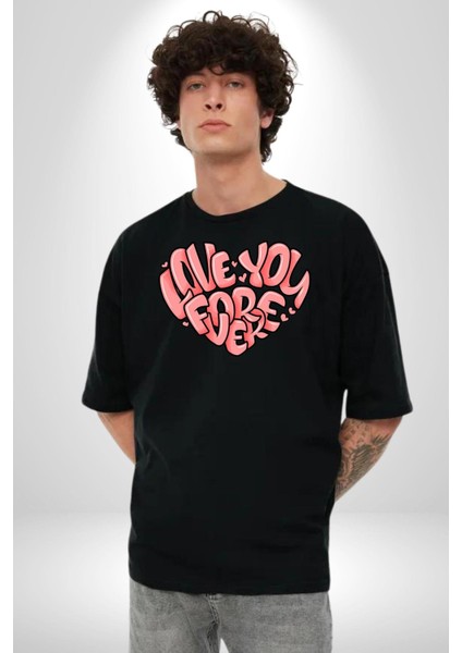 Seni Sonsuza Dek Seviyorum Kalp Kadın Erkek Ön Baskılı Siyah Pamuklu Tişört Penye Klasik fiyatları