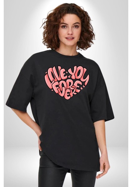 Seni Sonsuza Dek Seviyorum Kalp Kadın Erkek Ön Baskılı Siyah Pamuklu Tişört Penye Klasik modelleri