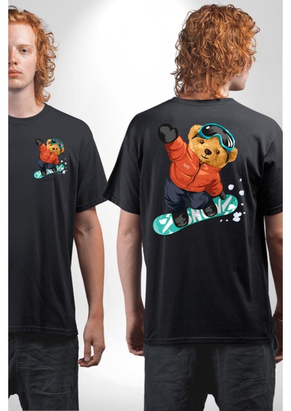 Kaykay Yapan Oyuncak Ayı Kadın Erkek Ön Minimal Sırt Baskılı Siyah Pamuklu Tişört