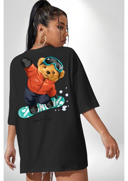 Kaykay Yapan Oyuncak Ayı Kadın Erkek Ön Minimal Sırt Baskılı Siyah Pamuklu Tişört fiyatları