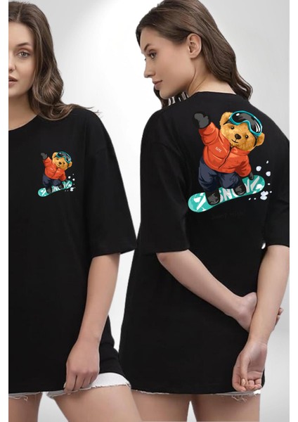 Kaykay Yapan Oyuncak Ayı Kadın Erkek Ön Minimal Sırt Baskılı Siyah Pamuklu Tişört fırsatları