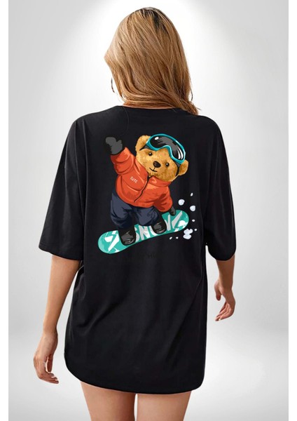Kaykay Yapan Oyuncak Ayı Kadın Erkek Ön Minimal Sırt Baskılı Siyah Pamuklu Tişört indirimleri