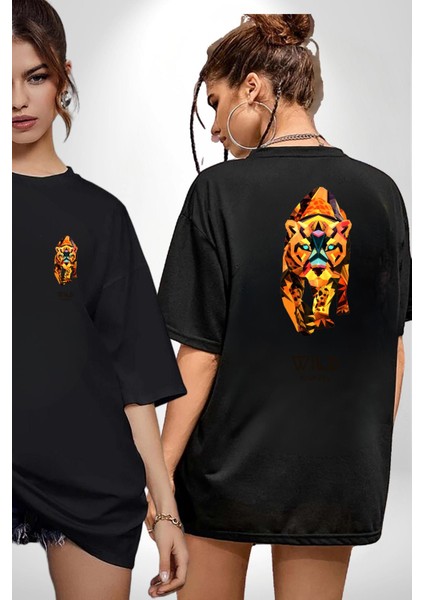 Modern Kaplan Techno Tarzı Kadın Erkek Ön Minimal Sırt Baskılı Siyah Pamuklu Tişört