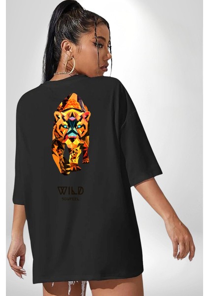 Modern Kaplan Techno Tarzı Kadın Erkek Ön Minimal Sırt Baskılı Siyah Pamuklu Tişört modelleri