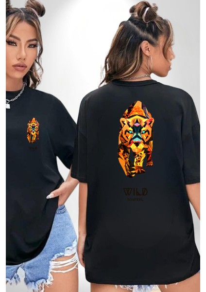 Modern Kaplan Techno Tarzı Kadın Erkek Ön Minimal Sırt Baskılı Siyah Pamuklu Tişört indirimleri