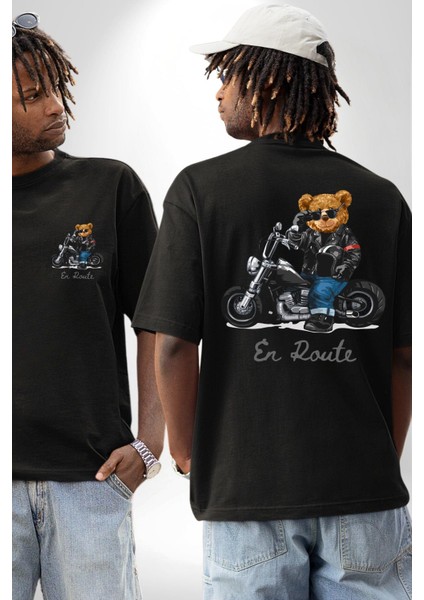 Havalı Motor Süren Oyuncak Ayı Kadın Erkek Ön Minimal Sırt Baskılı Siyah Pamuklu Tişört