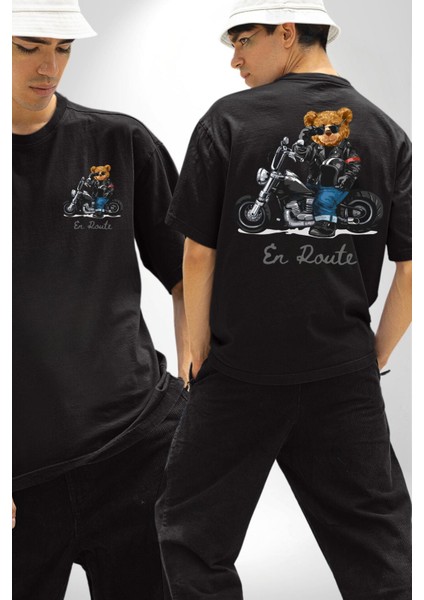 Havalı Motor Süren Oyuncak Ayı Kadın Erkek Ön Minimal Sırt Baskılı Siyah Pamuklu Tişört fırsatları