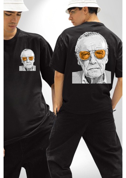 Stan Lee Founder Kadın Erkek Ön Minimal Sırt Baskılı Siyah Pamuklu Tişört