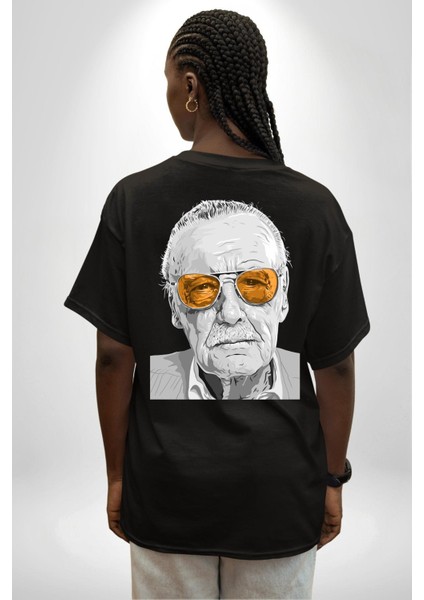 Stan Lee Founder Kadın Erkek Ön Minimal Sırt Baskılı Siyah Pamuklu Tişört fiyatları
