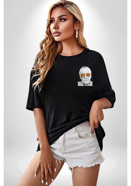 Stan Lee Founder Kadın Erkek Ön Minimal Sırt Baskılı Siyah Pamuklu Tişört modelleri