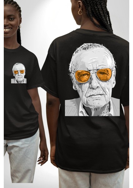 Stan Lee Founder Kadın Erkek Ön Minimal Sırt Baskılı Siyah Pamuklu Tişört fırsatları