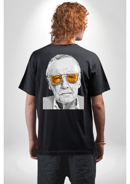 Stan Lee Founder Kadın Erkek Ön Minimal Sırt Baskılı Siyah Pamuklu Tişört indirimleri