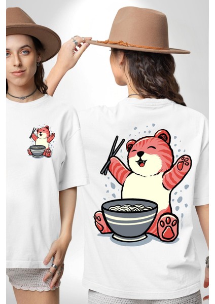 Noodle Yiyen Tatlı Kaplan Kadın Erkek Ön Minimal Sırt Baskılı Beyaz Pamuklu Tişört