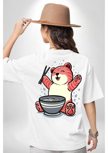 Noodle Yiyen Tatlı Kaplan Kadın Erkek Ön Minimal Sırt Baskılı Beyaz Pamuklu Tişört fiyatları