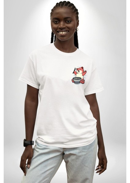 Noodle Yiyen Tatlı Kaplan Kadın Erkek Ön Minimal Sırt Baskılı Beyaz Pamuklu Tişört modelleri