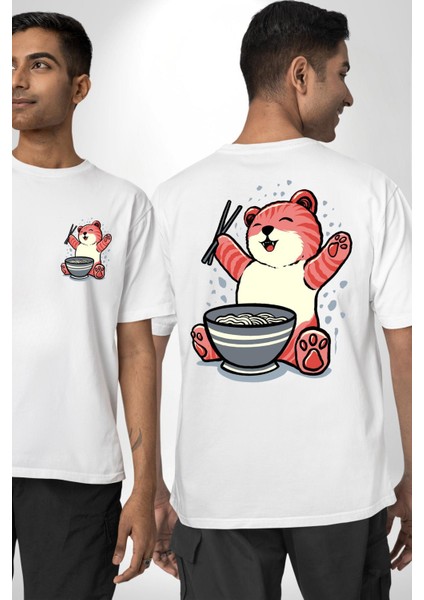 Noodle Yiyen Tatlı Kaplan Kadın Erkek Ön Minimal Sırt Baskılı Beyaz Pamuklu Tişört fırsatları