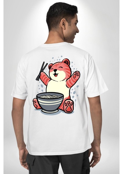 Noodle Yiyen Tatlı Kaplan Kadın Erkek Ön Minimal Sırt Baskılı Beyaz Pamuklu Tişört indirimleri