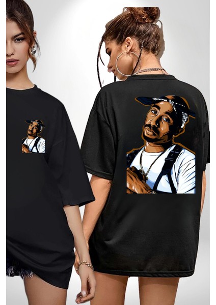 Tupac Rap Efsanesi Kadın Erkek Ön Minimal Sırt Baskılı Siyah Pamuklu Tişört
