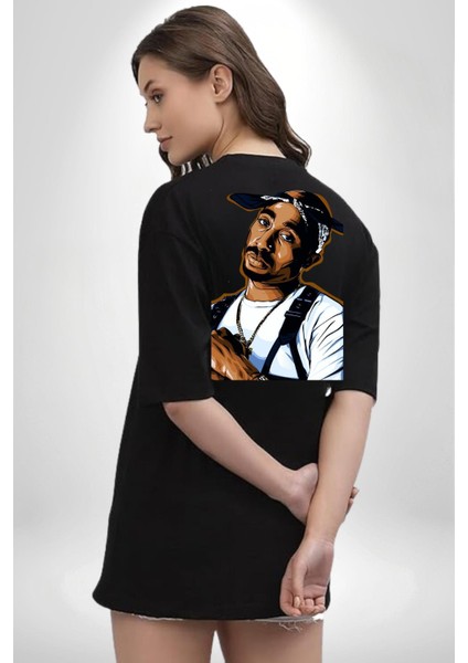 Tupac Rap Efsanesi Kadın Erkek Ön Minimal Sırt Baskılı Siyah Pamuklu Tişört fiyatları