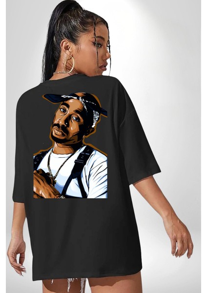 Tupac Rap Efsanesi Kadın Erkek Ön Minimal Sırt Baskılı Siyah Pamuklu Tişört fırsatları