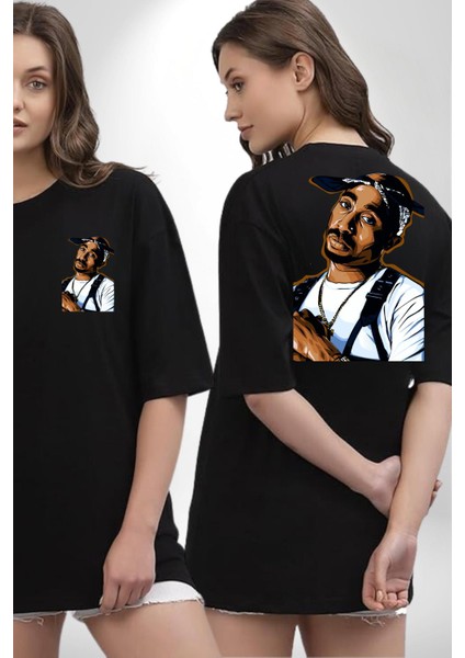 Tupac Rap Efsanesi Kadın Erkek Ön Minimal Sırt Baskılı Siyah Pamuklu Tişört indirimleri