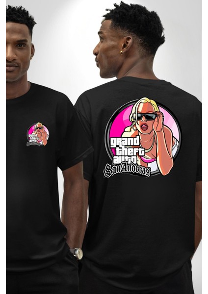 Gta San Andreas Logo Kadın Erkek Ön Minimal Sırt Baskılı Siyah Pamuklu Tişört