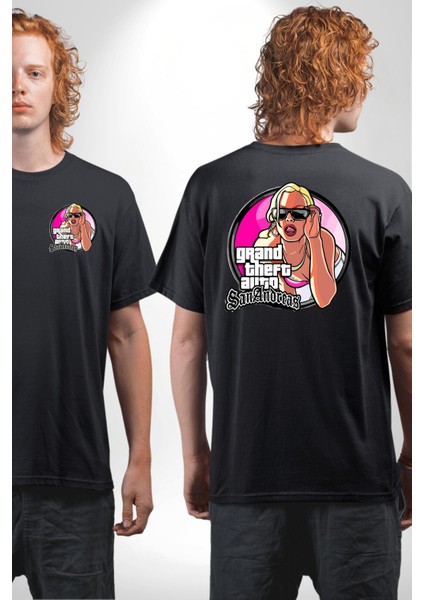 Gta San Andreas Logo Kadın Erkek Ön Minimal Sırt Baskılı Siyah Pamuklu Tişört fırsatları
