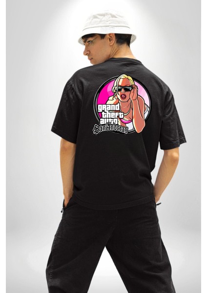 Gta San Andreas Logo Kadın Erkek Ön Minimal Sırt Baskılı Siyah Pamuklu Tişört indirimleri