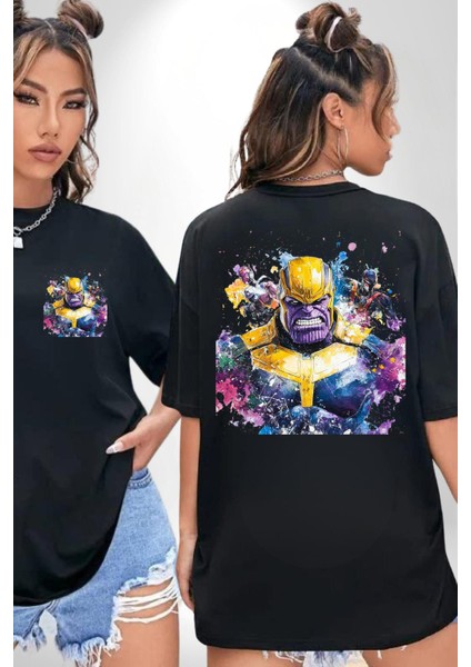 Thanos Rengarenk Karakter Kadın Erkek Ön Minimal Sırt Baskılı Siyah Pamuklu Tişört