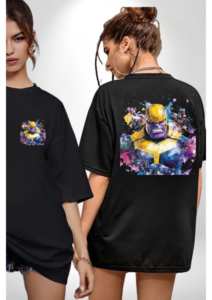 Thanos Rengarenk Karakter Kadın Erkek Ön Minimal Sırt Baskılı Siyah Pamuklu Tişört