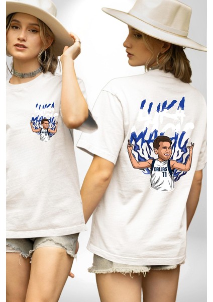 Luka Magic Basketbol Yıldızı Kadın Erkek Ön Minimal Sırt Baskılı Beyaz Pamuklu Tişört