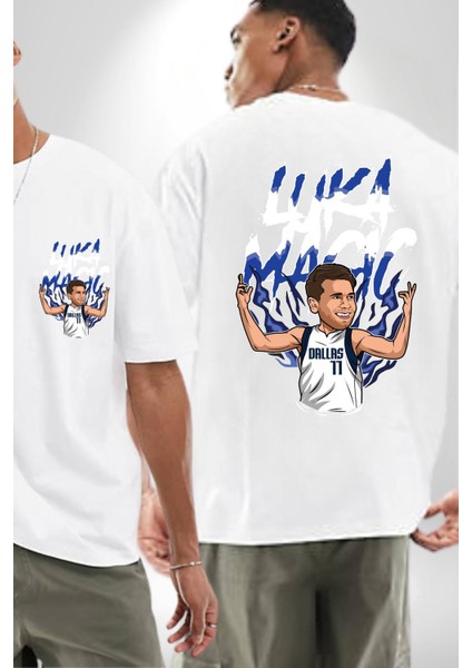 Luka Magic Basketbol Yıldızı Kadın Erkek Ön Minimal Sırt Baskılı Beyaz Pamuklu Tişört fırsatları