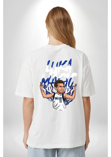 Luka Magic Basketbol Yıldızı Kadın Erkek Ön Minimal Sırt Baskılı Beyaz Pamuklu Tişört indirimleri