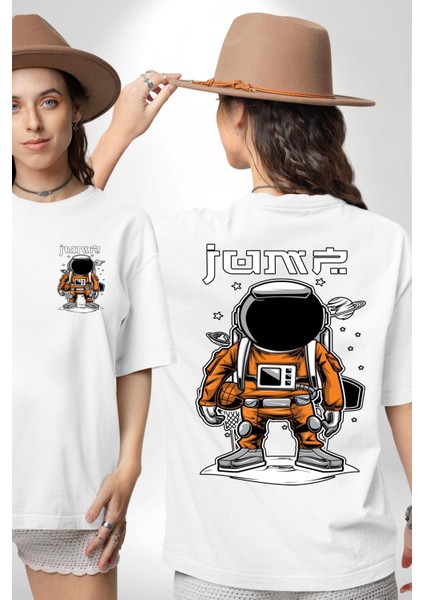 Uzay Basketbolcusu Astronot Kadın Erkek Ön Minimal Sırt Baskılı Beyaz Pamuklu Tişört