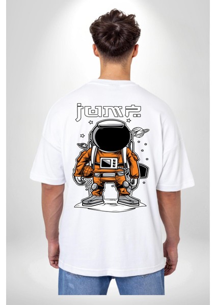 Uzay Basketbolcusu Astronot Kadın Erkek Ön Minimal Sırt Baskılı Beyaz Pamuklu Tişört fiyatları