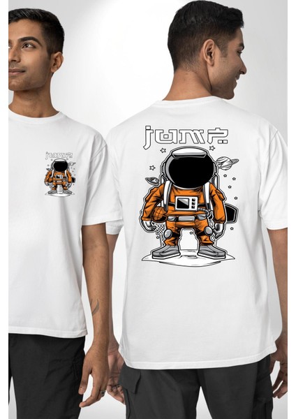 Uzay Basketbolcusu Astronot Kadın Erkek Ön Minimal Sırt Baskılı Beyaz Pamuklu Tişört fırsatları