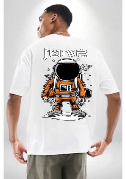 Uzay Basketbolcusu Astronot Kadın Erkek Ön Minimal Sırt Baskılı Beyaz Pamuklu Tişört indirimleri